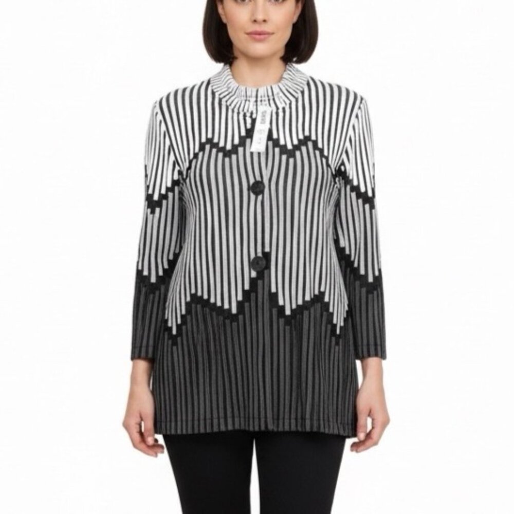 Chicos Womens Black & White Striped Sheer Button-Front Tunic Jacket Size 3 - New
